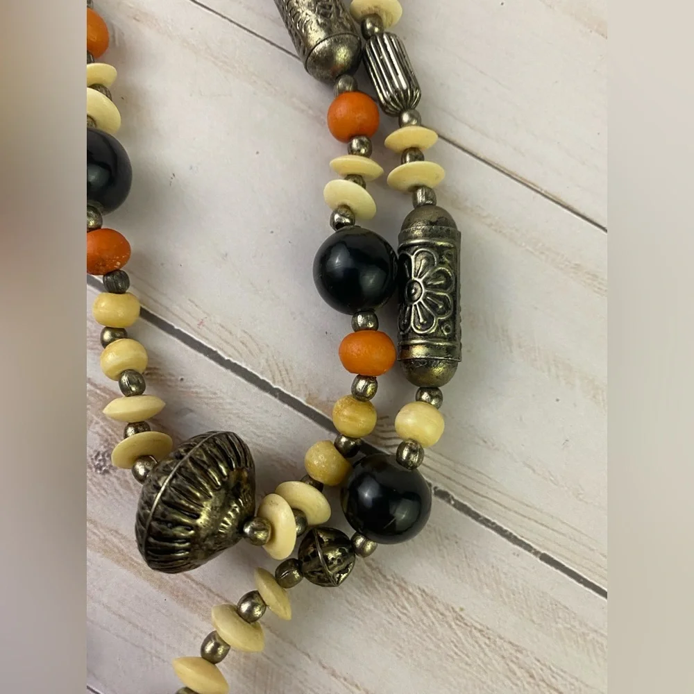 Vintage Chunky Metal Beaded Boho Double Strand Necklace Tadpole Floral Beads